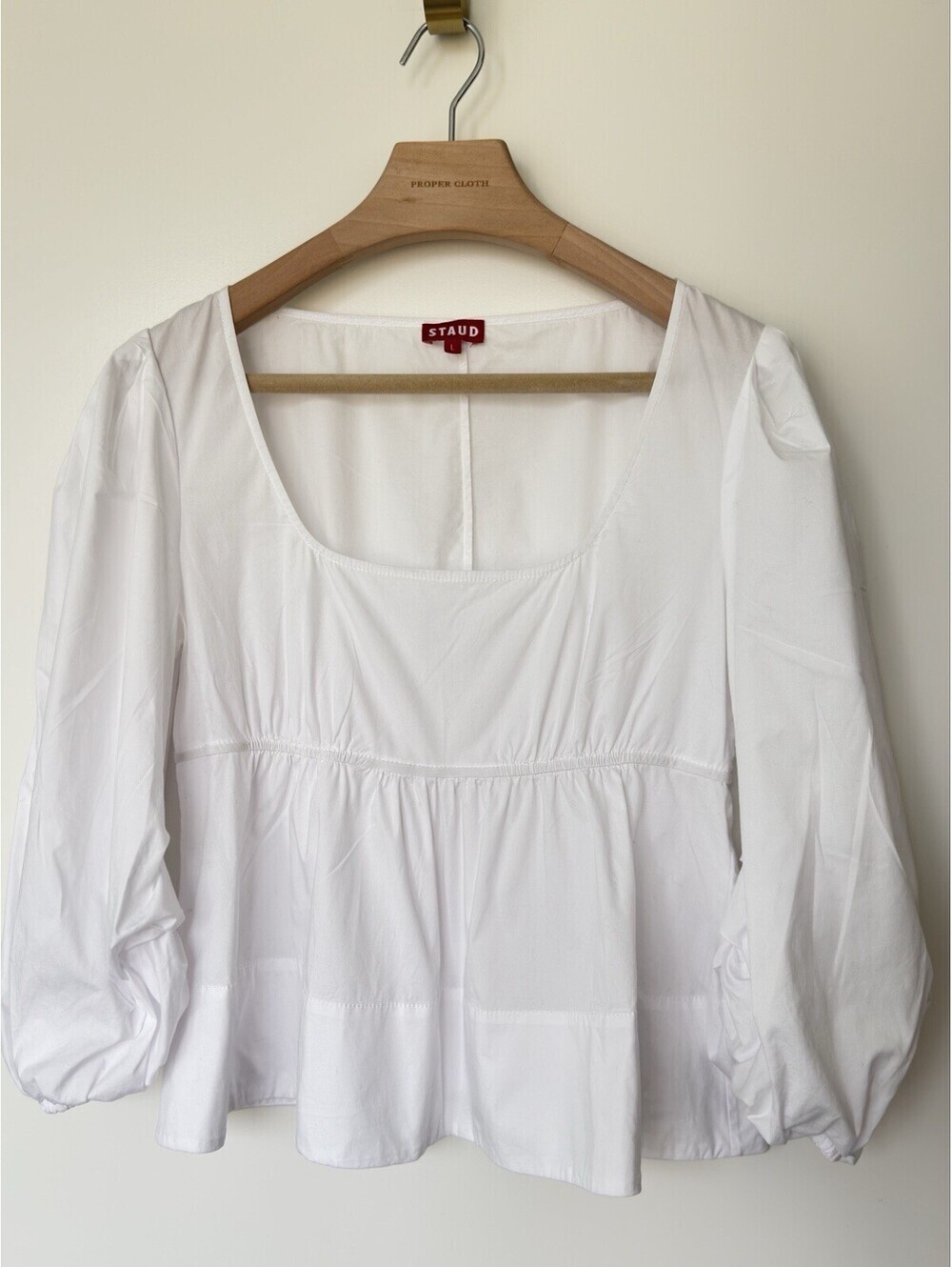 STAUD White Cotton Puff Sleeve Babydoll Peplum Top Size L